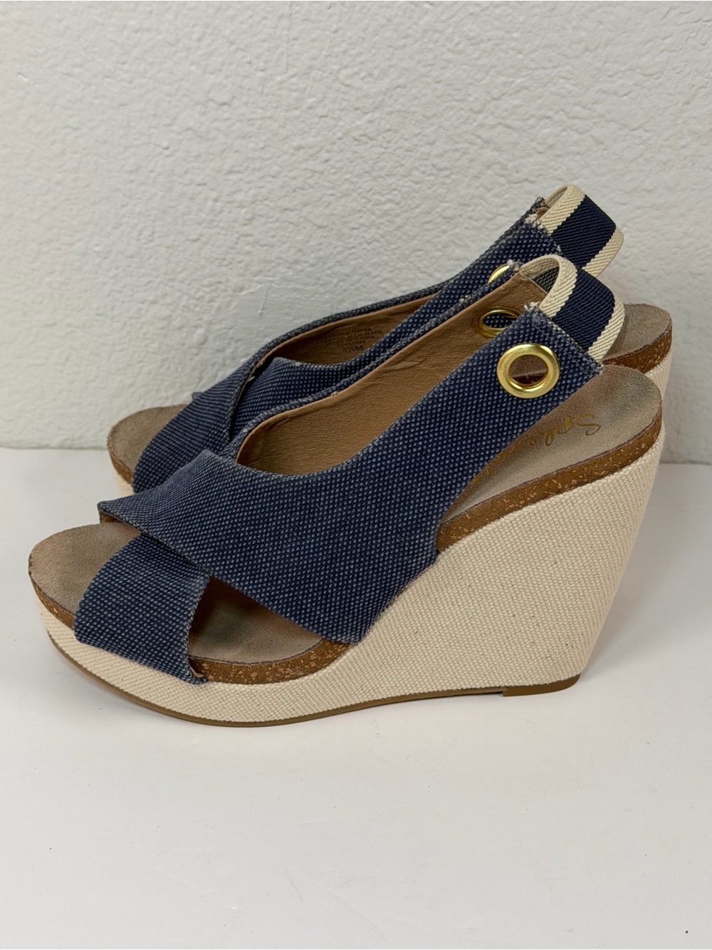 Splendid Wedge Sandals Women 8.5M Blue Canvas Cork Platform Slingback - Picture 2 of 11
